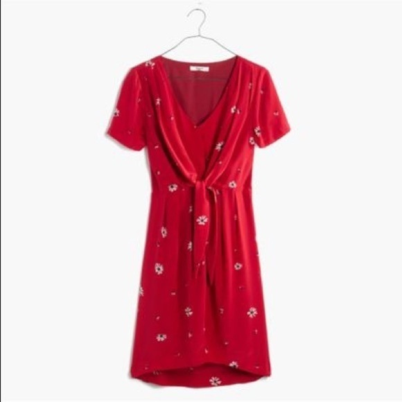 Madewell Red Tie-front Silk floral casual dress - Picture 2 of 9